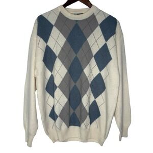 Vintage‎ Merino Wool Angora Golf Sweater L Argyle V-Neck Blue Preppy Argentina